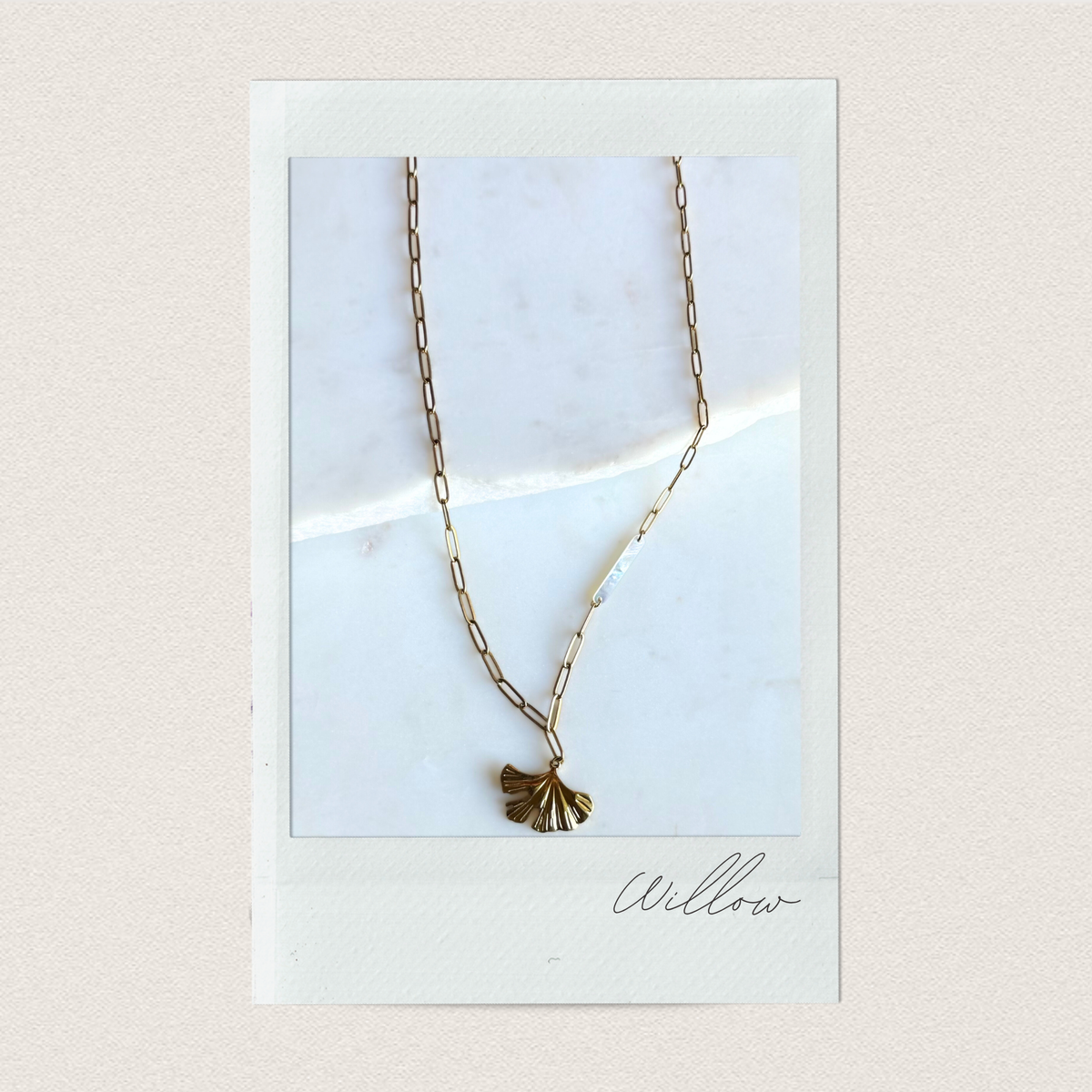 WILLOW | Paperclip Chain Necklace with Shell & Leaf Pendant