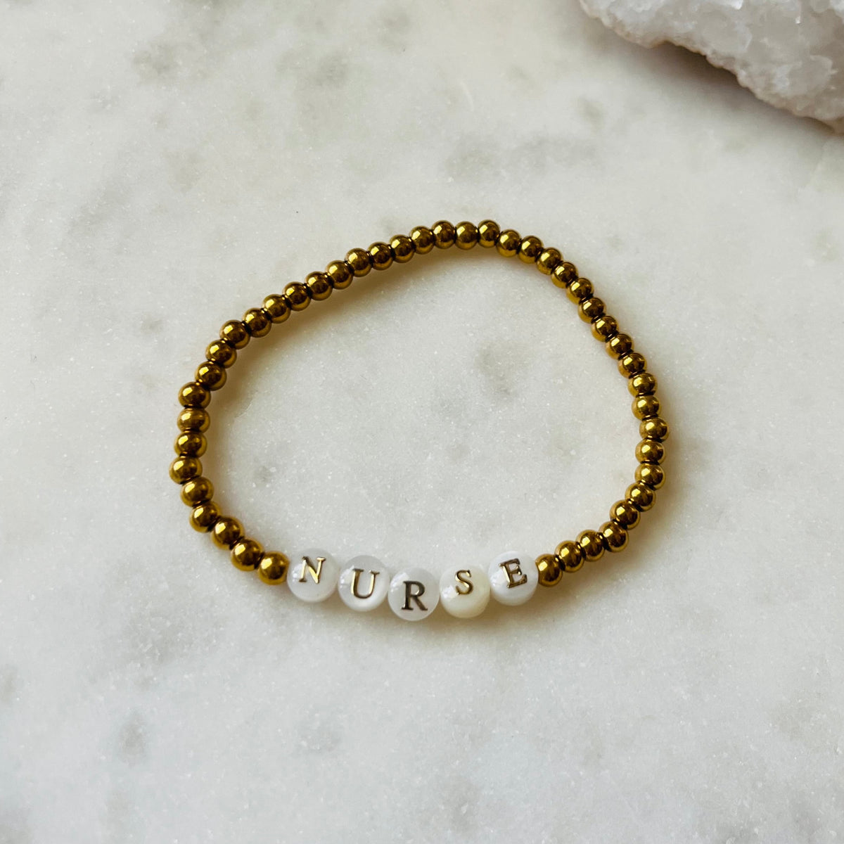 "NURSE" Shell Bead + Gold Beaded Bracelet