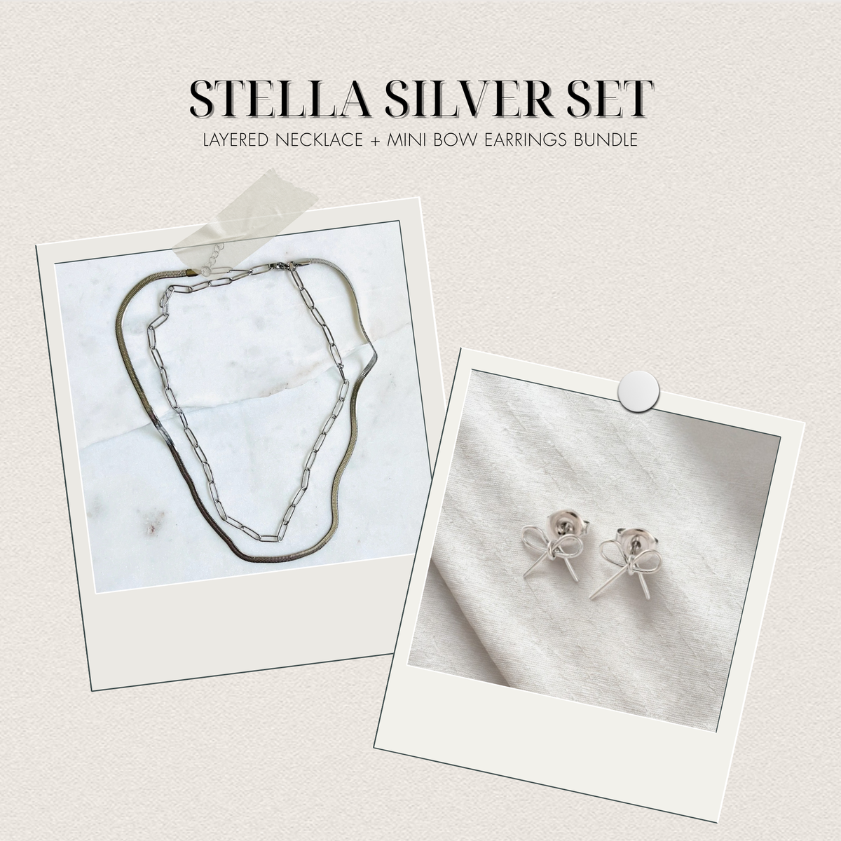 STELLA SILVER SET | Layered Necklace + Mini Bow Earrings Bundle