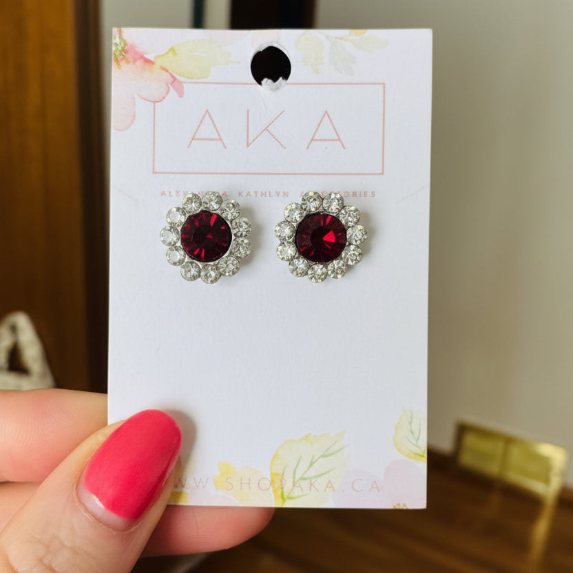 Red CZ Flower Studs Earrings