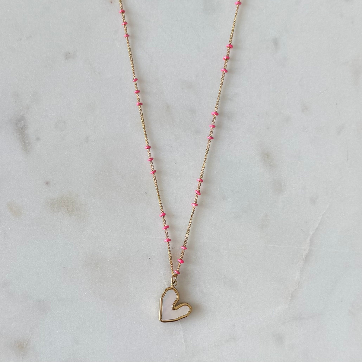 Gold Shell Heart Necklace with Pink Satellite Chain