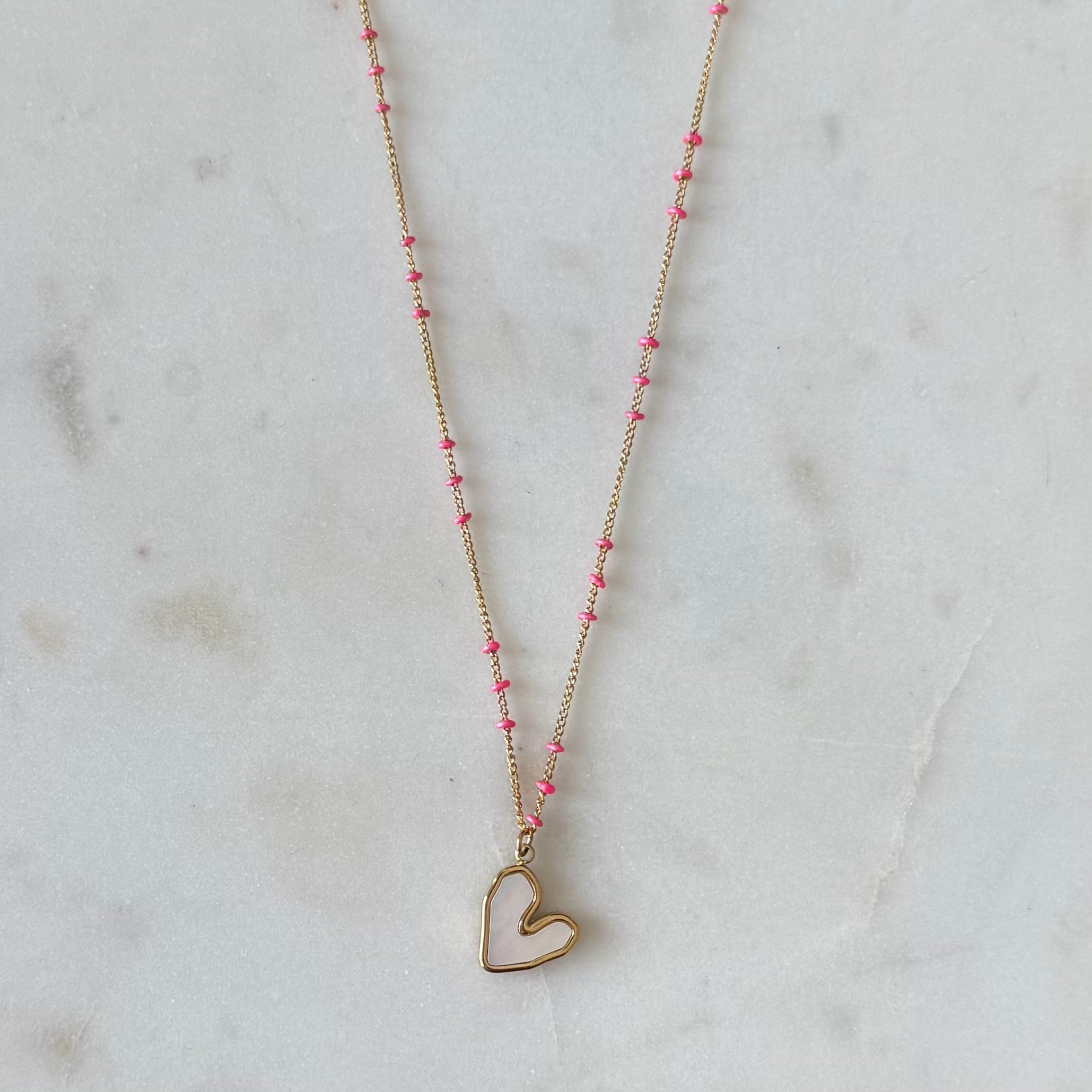 Gold Shell Heart Necklace with Pink Satellite Chain