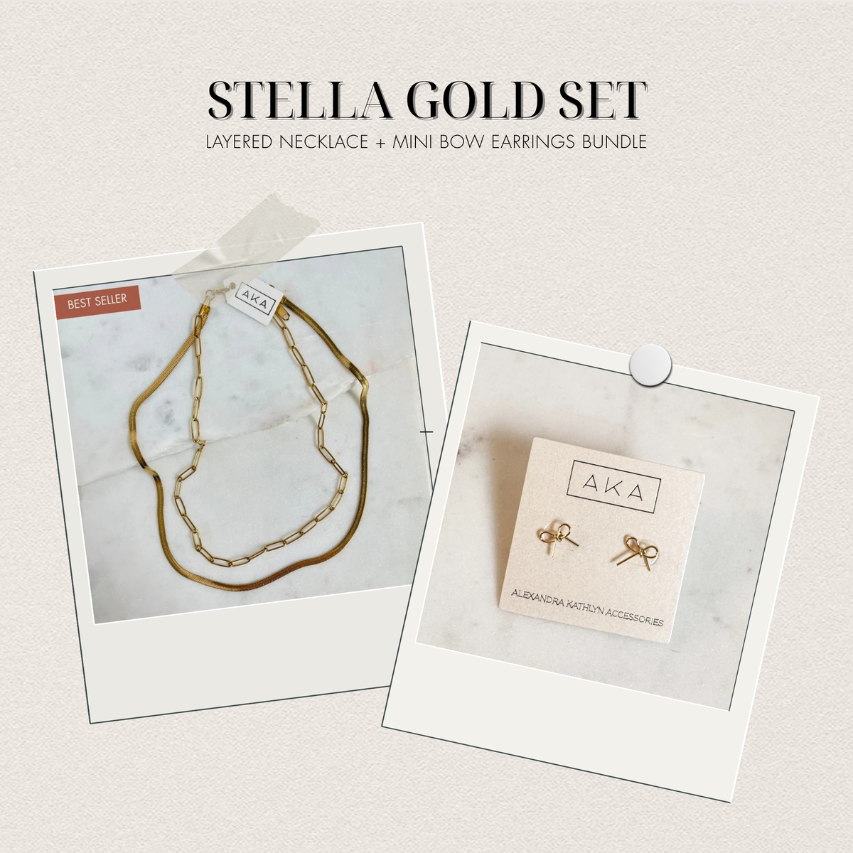 STELLA GOLD SET | Layered Necklace + Mini Bow Earrings Bundle