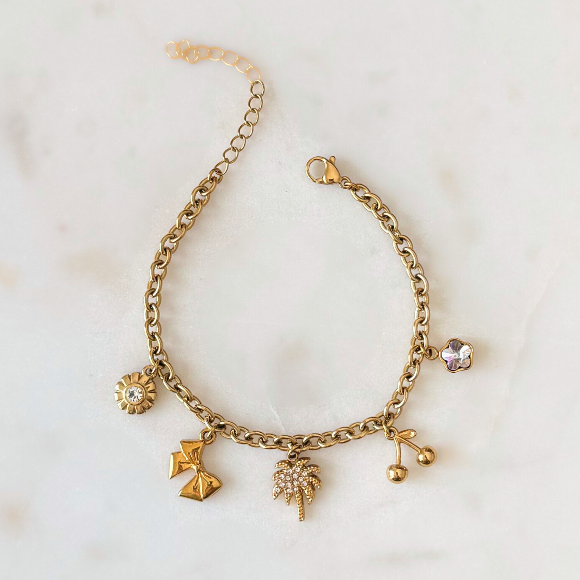 Palm Tree & Cherry Charm Bracelet | One of a Kind Gold Charm Bracelet
