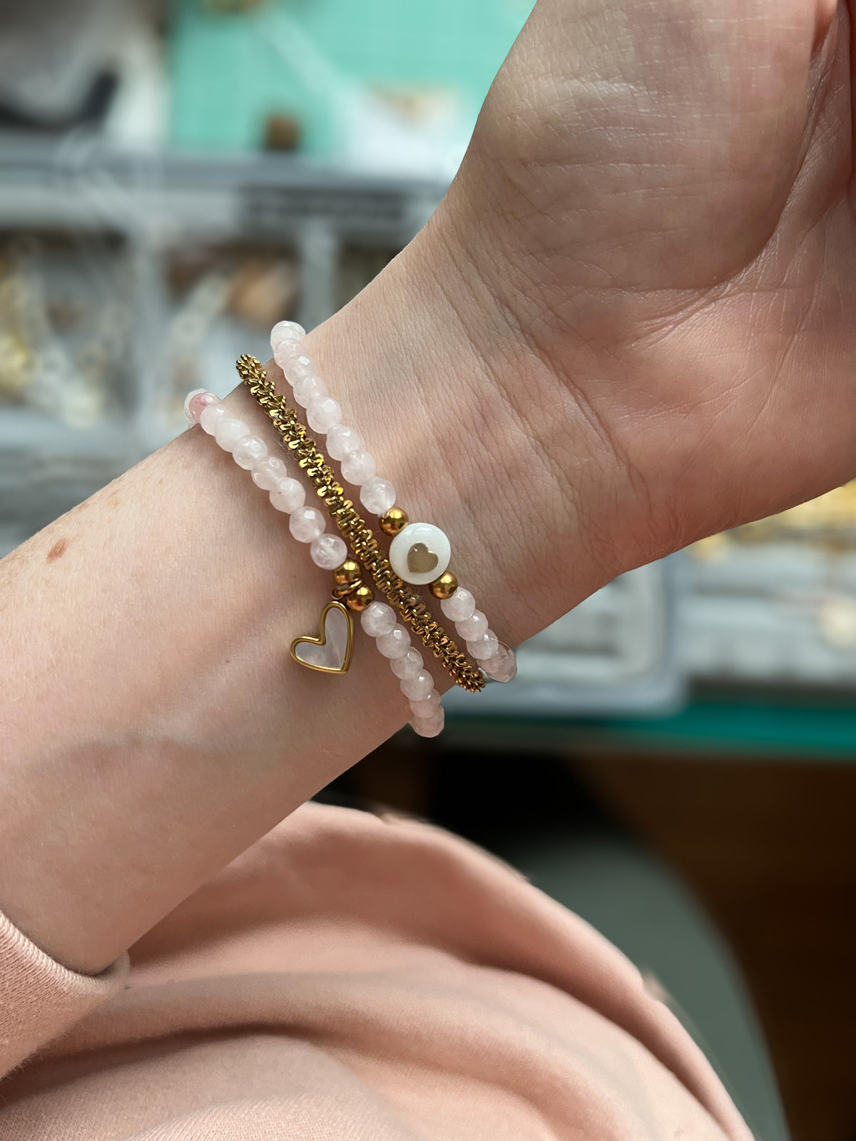 ELLE | Gold Heart Rose Quartz Beaded Bracelet