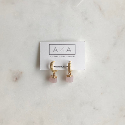 CZ Gem Huggie Earrings - Rose Quartz